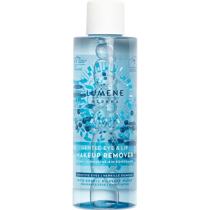 Lumene Herkkä Gentle Eye & Lip Makeup Remover 100 ml beroligende rens i klar plastflaske med hvitt lokk og blå detaljer