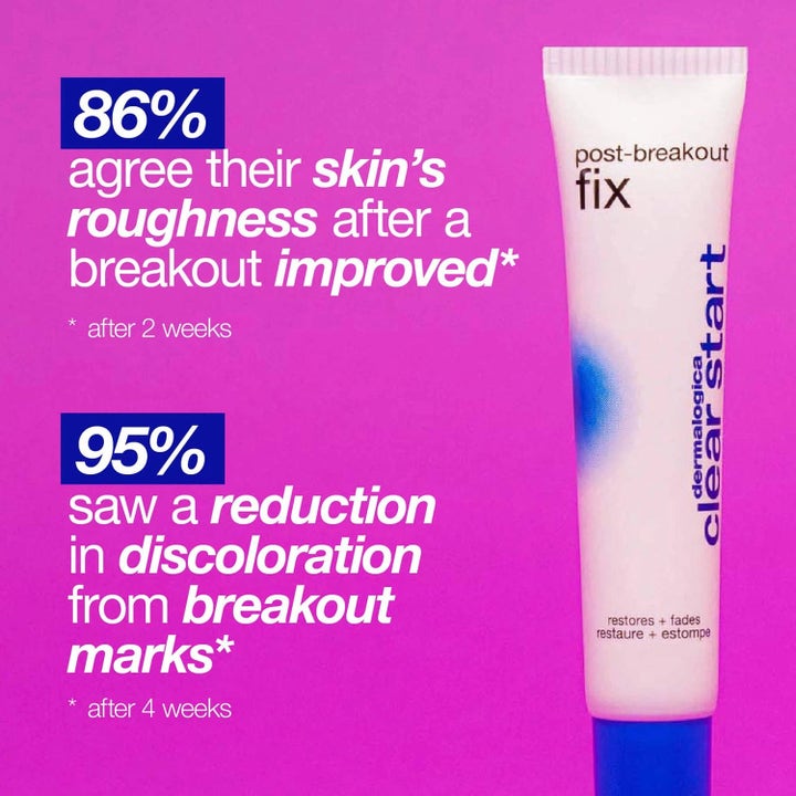 Dermalogica Post-Breakout Fix Duo 2x 15 ml salicylsyre mot kvisemerker i hvit tube med statistikk på rosa bakgrunn
