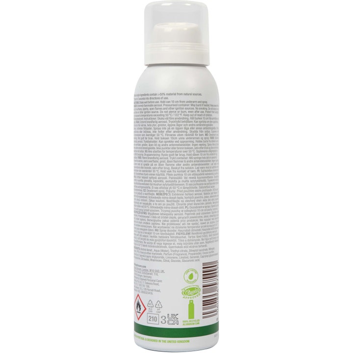 Bulldog Spray Deodorant Original 125 ml baksiden av hvit sprayflaske med ingredienser og Vegan-merke