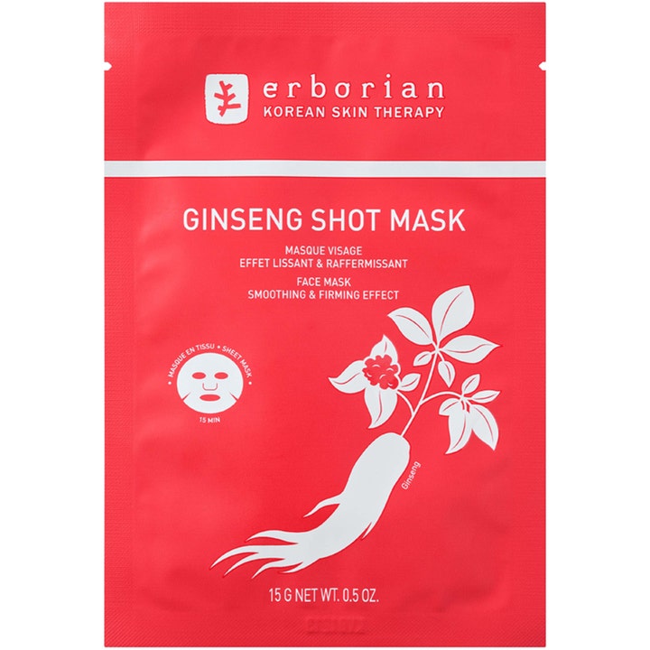 Erborian Ginseng Shot Mask 15 g oppstrammende ansiktsmaske i rød sachet med hvit ginseng-illustrasjon.