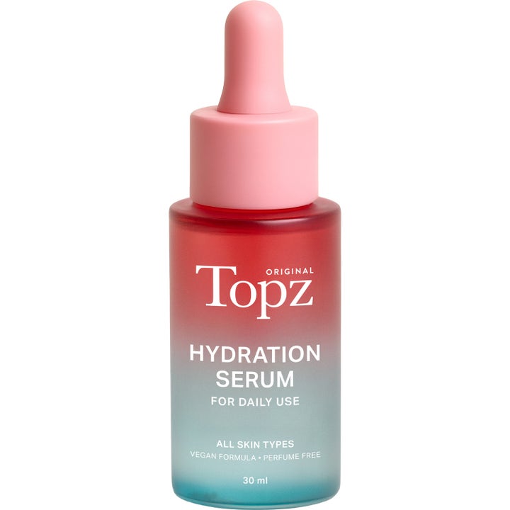 Topz Hydration Serum 30 ml fuktighetsgivende ansiktsserum i rød og blå frostet glassflaske med rosa pipette