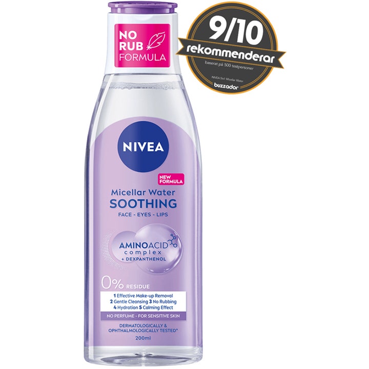 NIVEA Micellar Water Soothing 200 ml beroligende sminkefjerner i lilla flaske med No Rub-formel og aminosyrer.