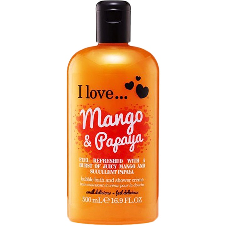 I love... Mango & Papaya 500 ml forfriskende dusjsåpe og badegelé i en oransje flaske med sort lokk og hjerter