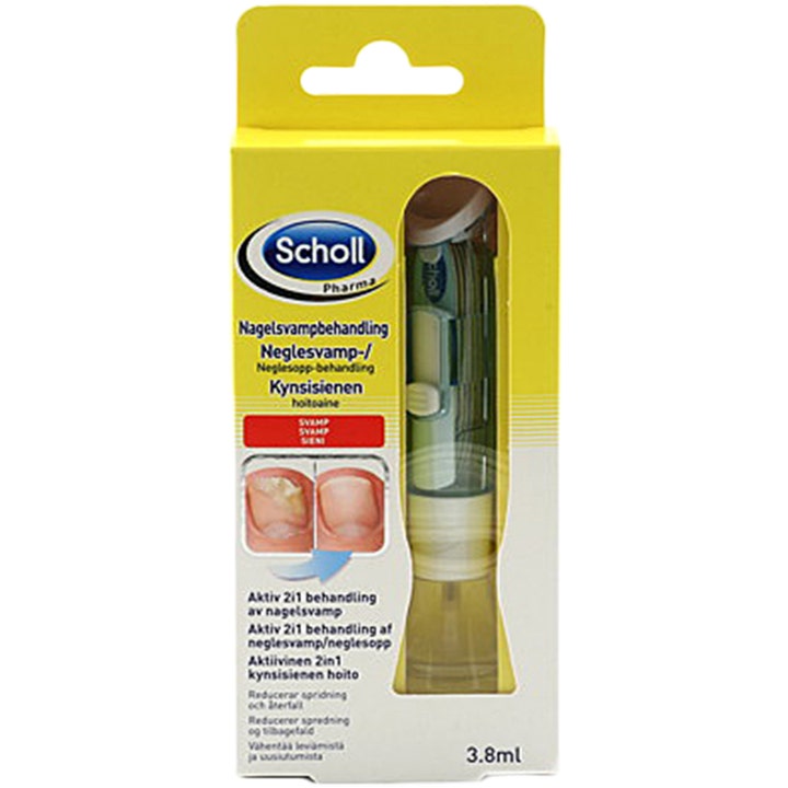 Scholl Neglesopp-behandling 3,8 ml 2-i-1-behandling mot neglesopp i gul eske med applikatorpenn og før- og etter-bilder.