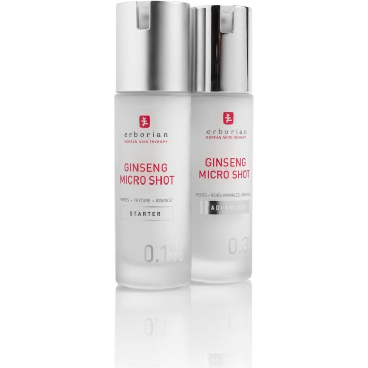 Erborian Ginseng Micro Shot 0.1 Starter 30 ml utjevnende serum i hvite frostede flasker med sølvfargede korker.