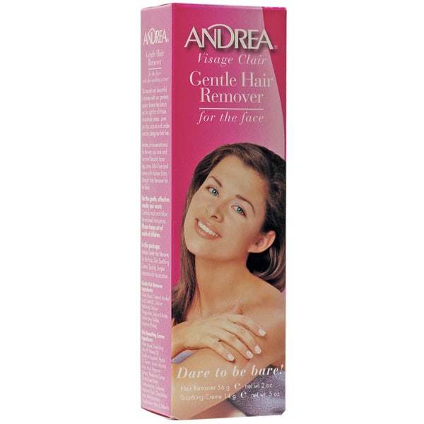 Andrea Visage Clair Gentle Hair Remover 56 g hårfjerningskrem i rosa eske med bilde av en kvinne