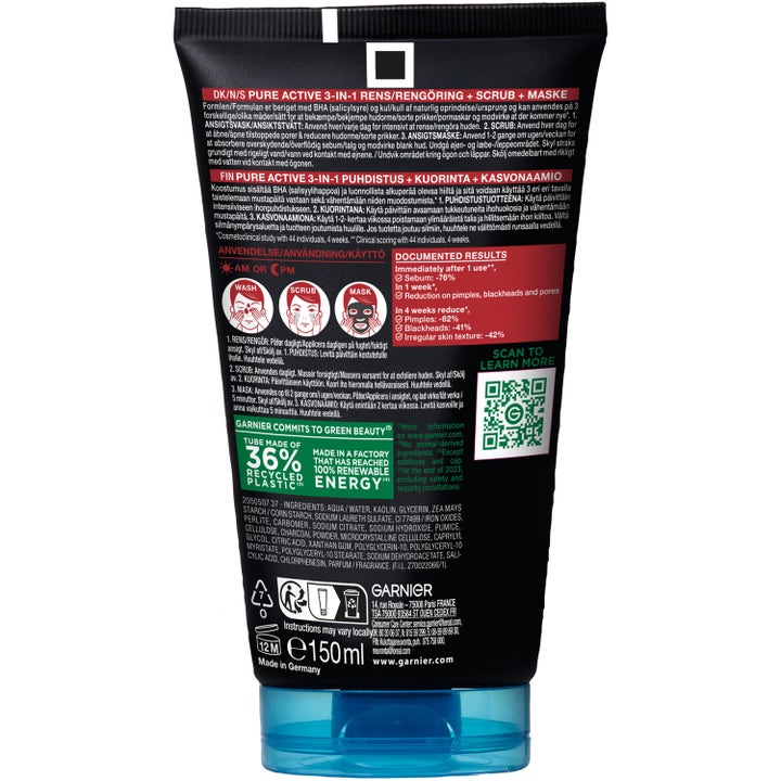 Garnier Pure Active Intensive 3-in-1 Charcoal 150 ml ansiktsskrubb mot kviser viser baksiden av tuben med ingrediensliste.