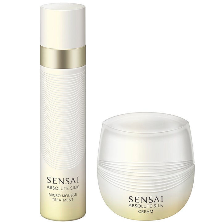 Sensai Absolute Silk Micro Mousse Treatment og Cream fuktighetsgivende hudpleie i hvit krukke og flaske med gullbånd