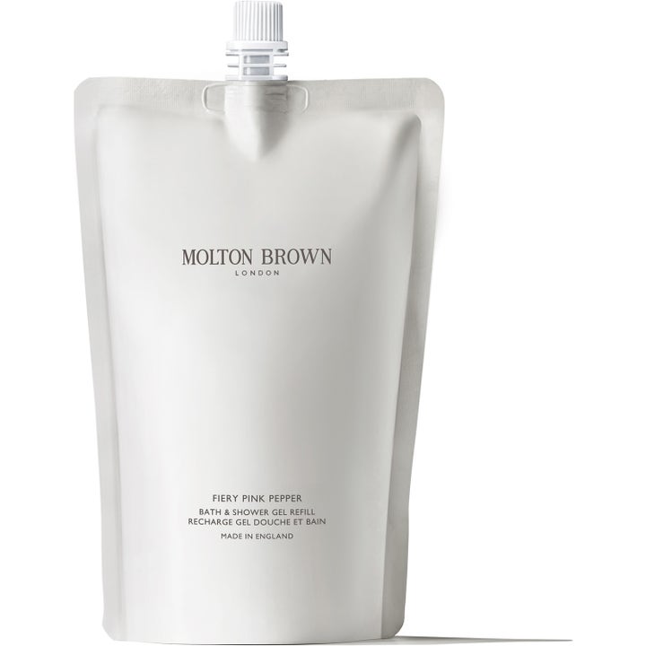 Molton Brown Fiery Pink Pepper 400 ml refillpose til dusjsåpe i hvit plast med skrukork.