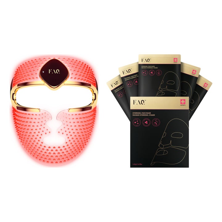 FAQ Swiss FAQ 202 og Hydrogel Face Mask 5 stk for glød rød LED-maske i silikon med svarte og gullfargede ansiktsmasker