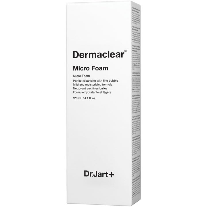 Dr.Jart+ Dermaclear Micro Foam 120 ml ansiktsrens i hvit pappeske som gir en mild og fuktighetsgivende rens