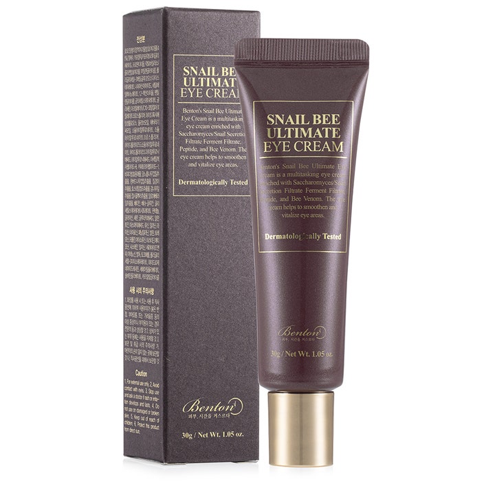 Benton Snail Bee Ultimate Eye Cream 30 g vitaliserende øyekrem i mørkebrun tube med gullkork og eske