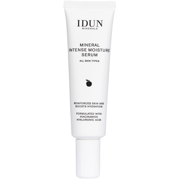 IDUN Minerals Mineral Intense Moisture Serum fuktighetsgivende serum med niacinamid i en hvit tube med hvit kork