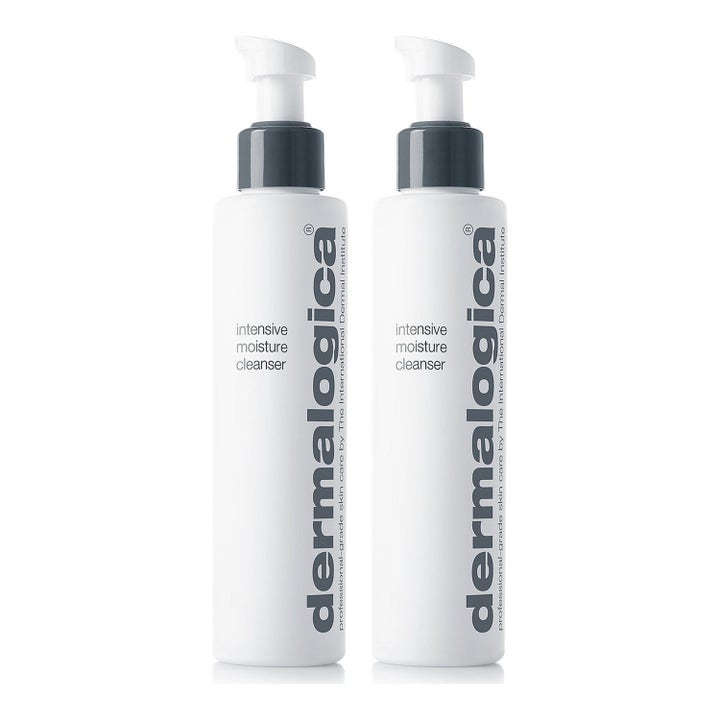 Dermalogica Intensive Moisture Cleanser fuktighetsgivende ansiktsrens i to hvite flasker med grå pumpe