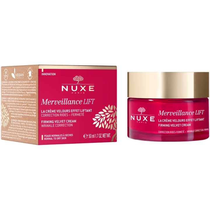Nuxe Merveillance Lift 50 ml oppstrammende ansiktskrem i rød krukke med gullokk ved siden av esken