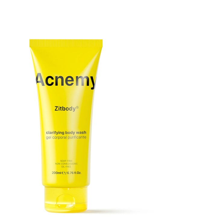 Acnemy Zitbody 200 ml rensende kroppsvask mot urenheter i en knallgul tube med praktisk flippkork