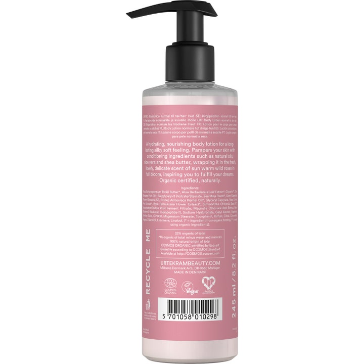 Urtekram Body Lotion Soft Wild Rose 245 ml pleiende kroppslotion viser baksiden med ingredienser og vegansk logo