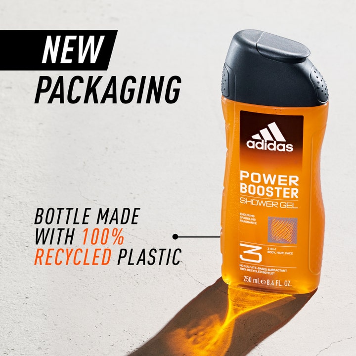 Adidas Adipower Booster 250 ml dusjsåpe i oransje plastflaske laget av resirkulert plast.