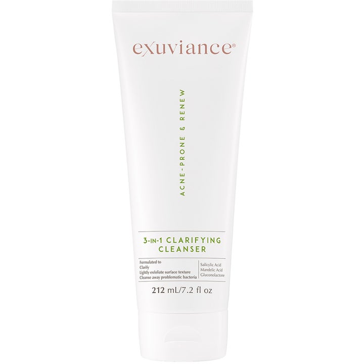 Exuviance 3-in-1 Clarifying Cleanser 212 ml dyprensende ansiktsvask mot kviser i hvit tube med grønn tekst