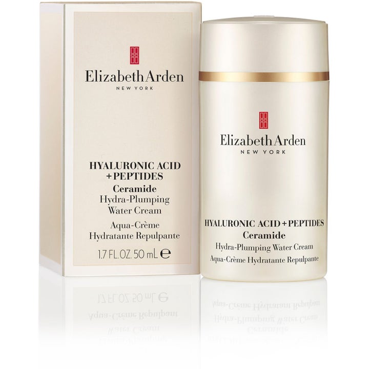 Elizabeth Arden Ceramide Hyaluronic Acid + Peptides Water Cream 50 ml fuktighetskrem i hvit krukke med gulldetaljer.
