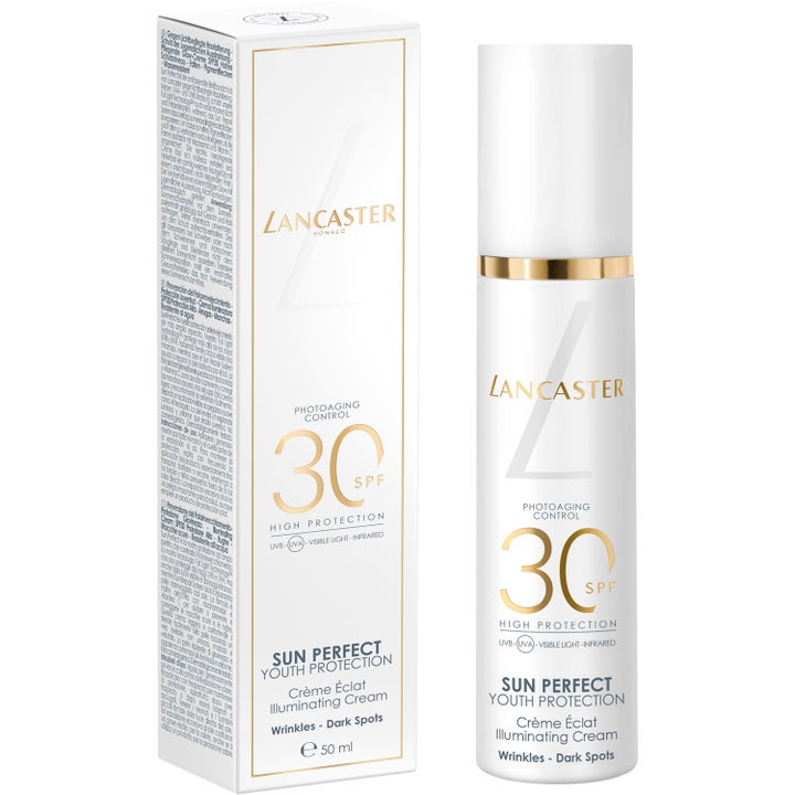 Lancaster Sun Perfect Illuminating Cream 50 ml solkrem mot rynker i hvit flaske og eske med gulldetaljer og SPF 30
