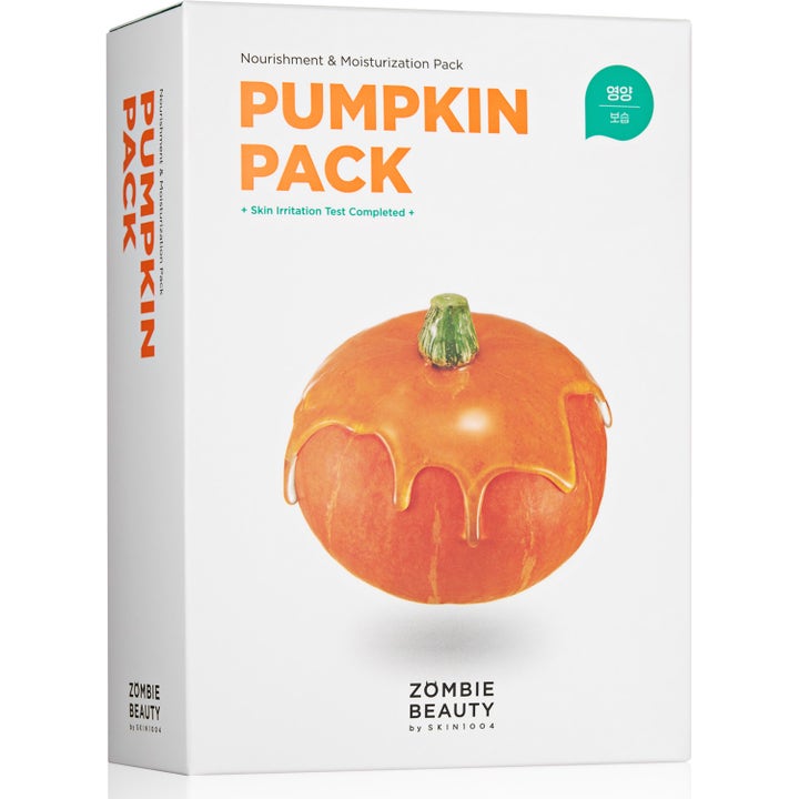 SKIN1004 Zombie Beauty Pumpkin Pack nærende ansiktsmaske i hvit eske som gir fuktighet med bilde av et gresskar.
