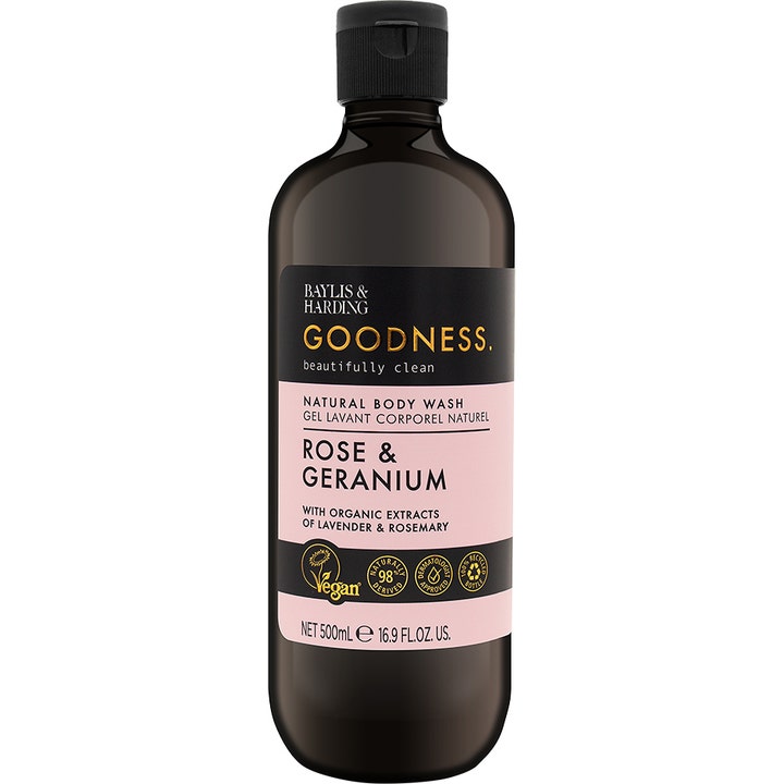 Baylis & Harding Goodness Rose & Geranium 500 ml kroppsvask i mørk flaske med rosa og sort etikett.