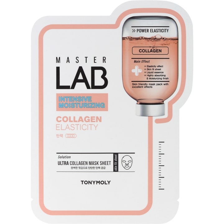 TonyMoly Master Lab Collagen Mask Sheet 1 stk oppstrammende ansiktsmaske i hvit pakning med ferskenfarget kolbe-grafikk