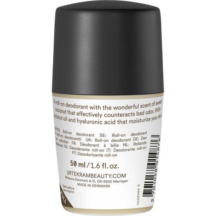 Urtekram Cream Deo Coconut 50 ml fuktighetsgivende deodorant på hvit roll-on flaske med svart kork og ingredienstekst