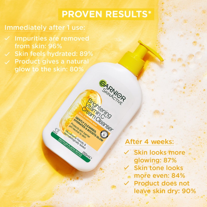 Garnier Skin Active Vitamin C Cream Cleanser 250 ml ansiktsrens for glød i hvit pumpeflaske med gult serum og skum.