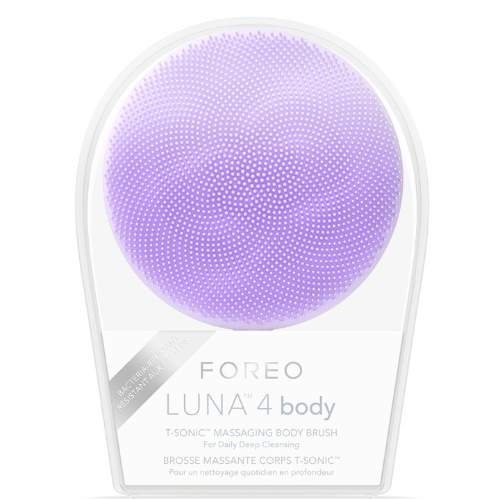 FOREO LUNA 4 body Lavender 1 stk hudvård gir dyprens med lilla silikonbørste vist i klar originalemballasje.