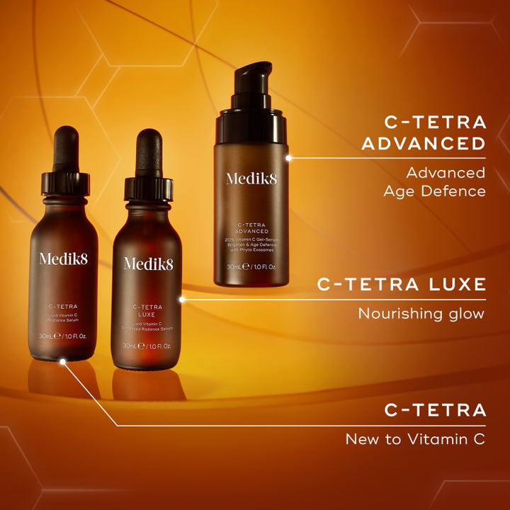 Medik8 C-Tetra Advanced 30 ml vitamin C-serum i brun pumpeflaske som gir glød og motvirker aldringstegn.