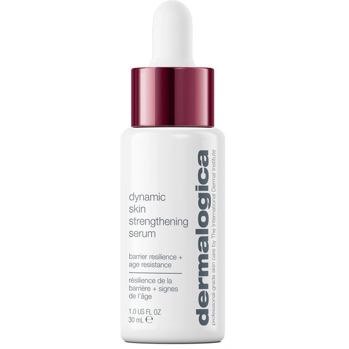Dermalogica Dynamic Skin Strengthening Serum 30 ml styrkende serum i hvit flaske med burgunder krage og hvit pipette.