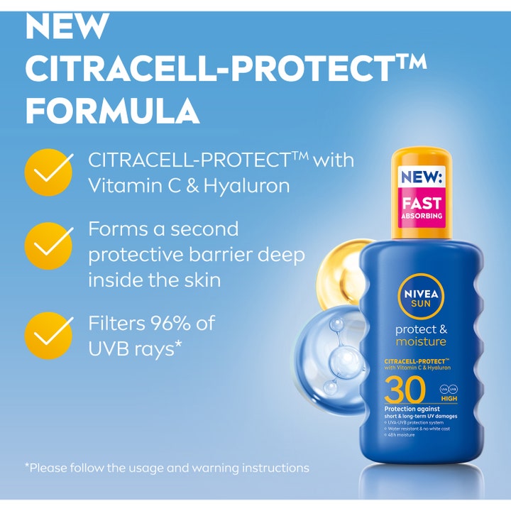 NIVEA Protect & Moisture Sun Spray 200 ml solkrem SPF 30 med Vitamin C og Hyaluron som absorberes raskt av huden.