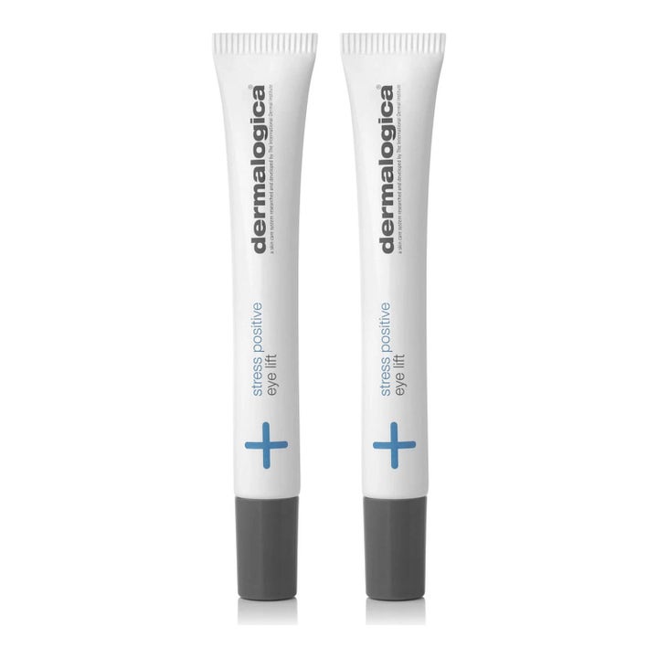 Dermalogica Stress Positive Eye Lift 25 ml oppstrammende øyemaske i to hvite tuber med grå kork og blått pluss.
