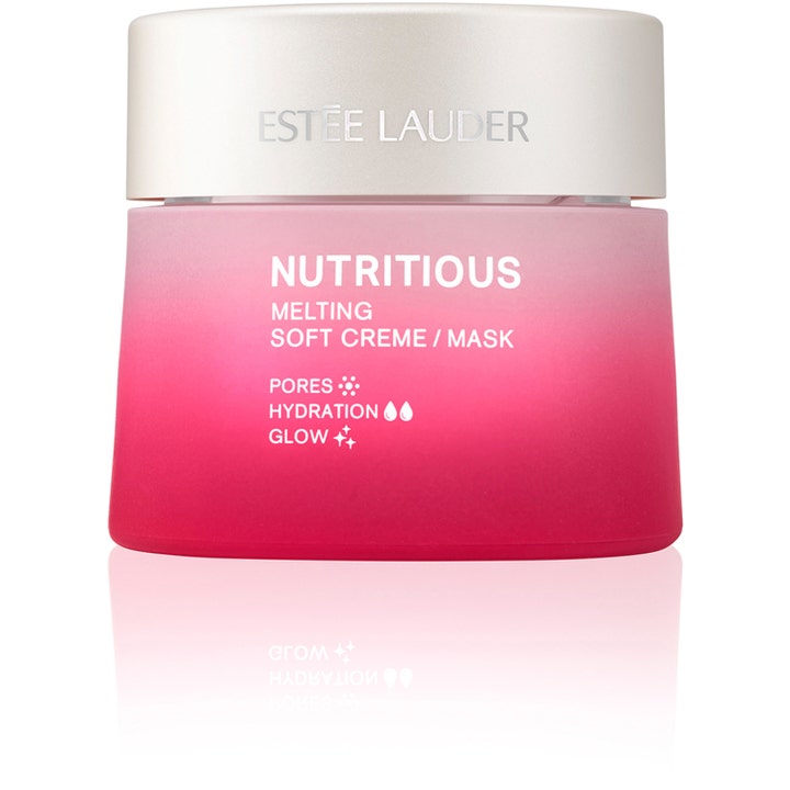 Estée Lauder Nutritious Melting Soft Creme Mask gir fuktighet og glød i en frostet rosa glasskrukke med lyst lokk.