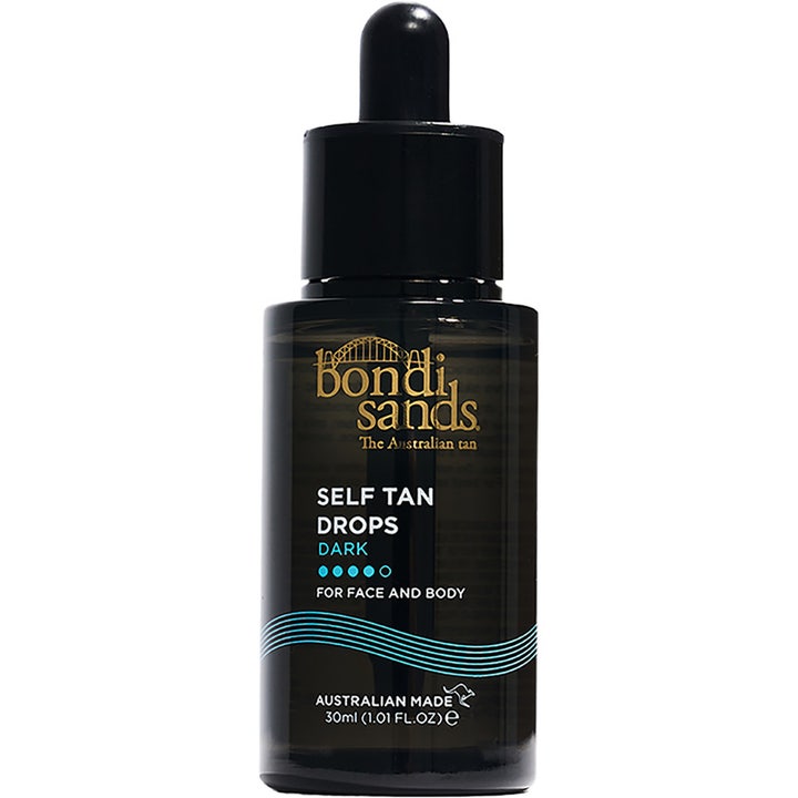 Bondi Sands Self Tan Drops Dark 30ml selvbruningsdråper gir dyp glød i en mørk glassflaske med svart pipettelokk