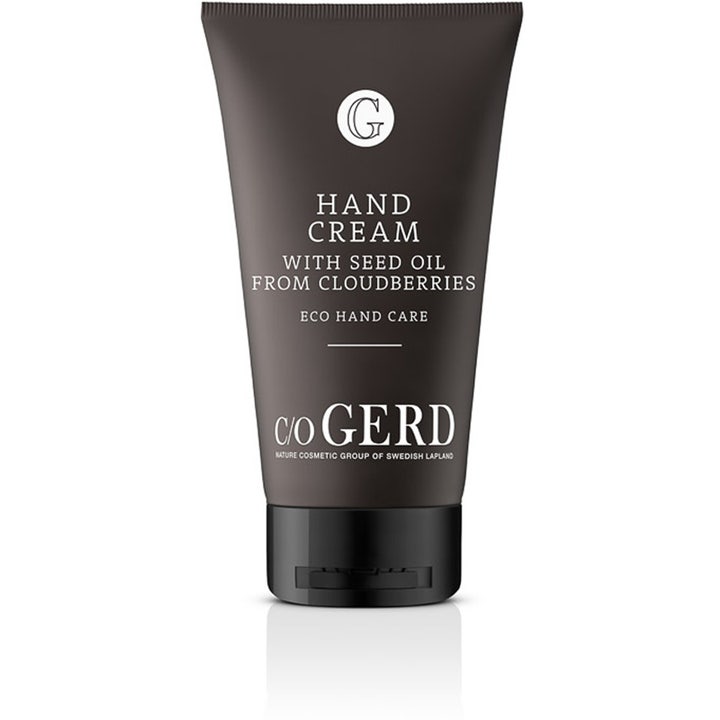 c/o Gerd Hand Cream med moltefrøolje pleiende håndkrem i mørkebrun tube med hvit tekst og sort lokk