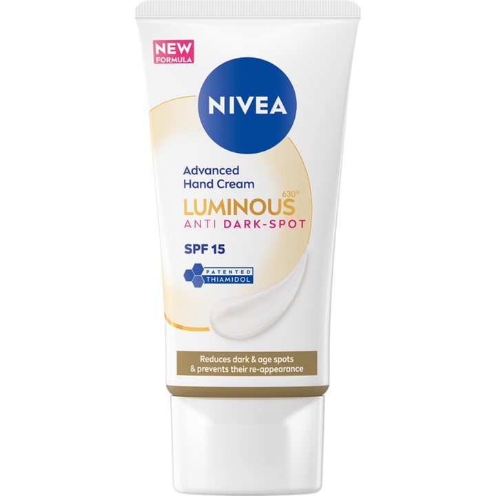 Nivea Luminous 630 Anti Dark-Spot Advanced Hand Cream mot pigmentflekker i hvit plasttube med SPF 15 og gulldetaljer