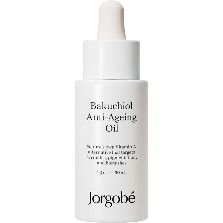 Jorgobé Bakuchiol Anti-Ageing Oil 30 ml ansiktsolje mot rynker i hvit minimalistisk flaske med pipette.