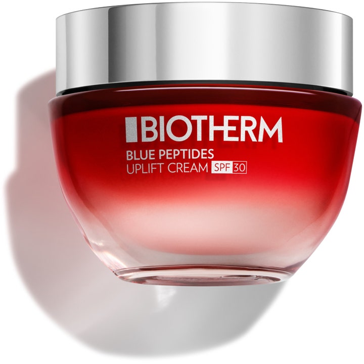 Biotherm Blue Peptides Uplift Cream SPF 30 50 ml oppstrammende dagkrem i rød glasskrukke med sølvlokk