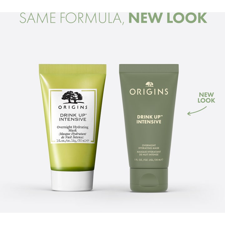 Origins Drink Up Intensive Overnight Mask 30 ml fuktighetsgivende nattmaske i gammelt og nytt design på grønn tube.