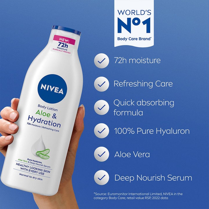 NIVEA Aloe & Hydration Body Lotion 250 ml fuktighetsgivende krem i hvit flaske med hyaluron og 72 timers fuktighet