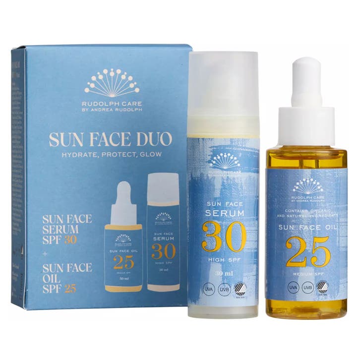 Rudolph Care Sun Face Duo solpleiesett gir glød med serum og ansiktsolje i blå emballasje.