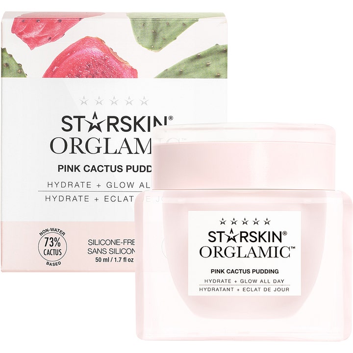 Starskin Orglamic Pink Cactus Pudding 50 ml fuktighetsgivende ansiktskrem i rosa frostet glasskrukke som gir glød.