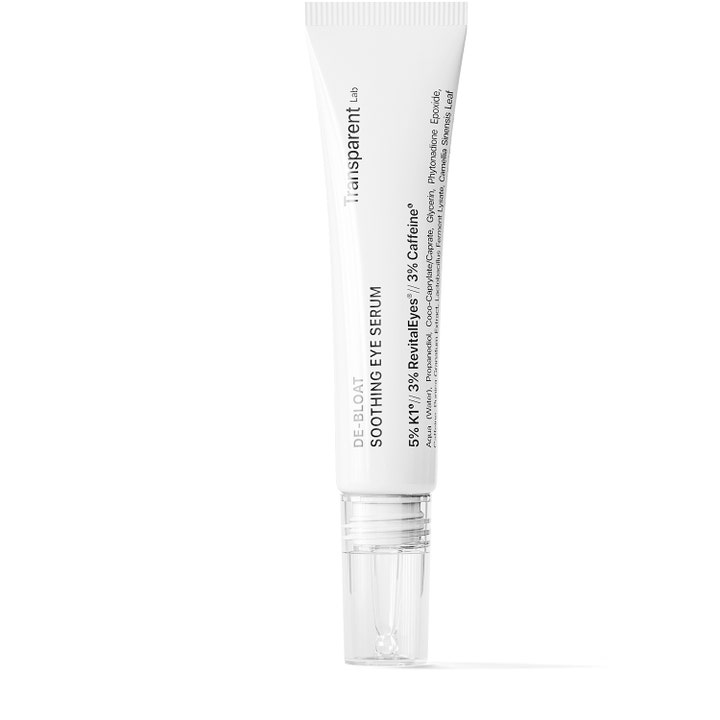 Transparent Lab De-Bloat Soothing Eye Serum 15ml beroligende øyeserum med koffein i hvit tube med gjennomsiktig tupp