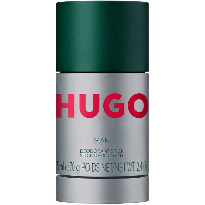 Hugo Man 75ml deodorant stick som gir friskhet i en sølvfarget sylindrisk hylse med mørkegrønn kork og rød tekst