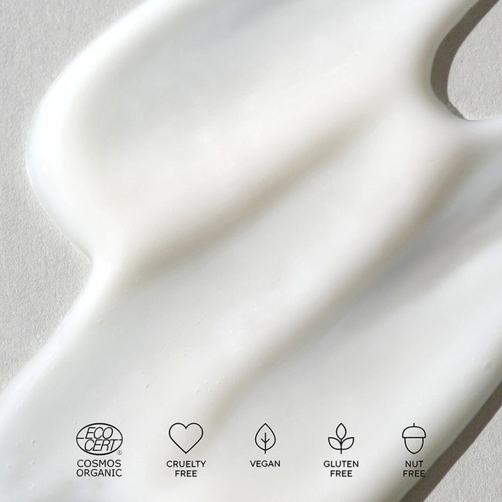 MÁDARA HIS After Shave Serum 75 ml beroligende serum viser en hvit kremet tekstur og veganske symboler