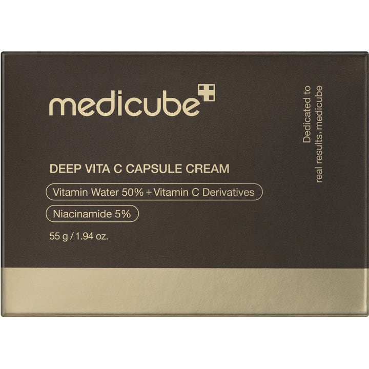Medicube Deep Vita C Capsule Cream 55 g i mørkebrun eske med detaljer om niacinamid og vitamin C.