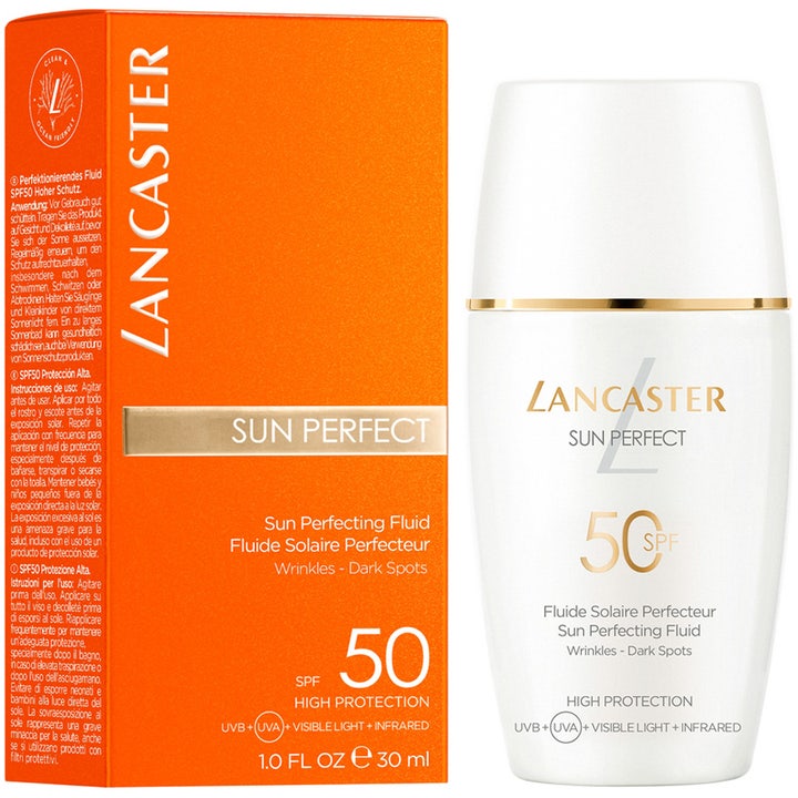 Lancaster Sun Perfect Sun Perfecting Fluid 30 ml solkrem mot rynker og mørke flekker i hvit flaske og oransje eske